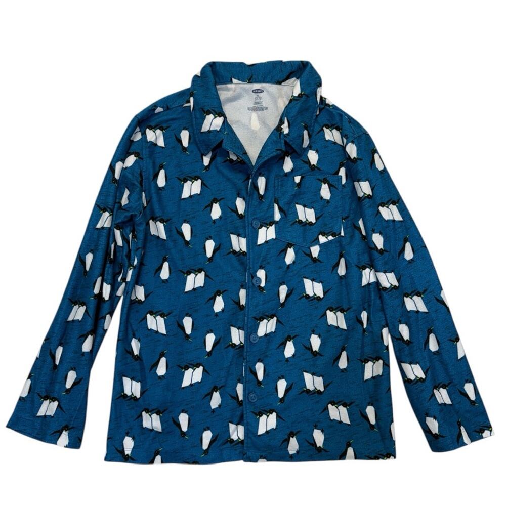 Old Navy Blue Penguin Pajama Top fleece boys size XL 14-16 button down